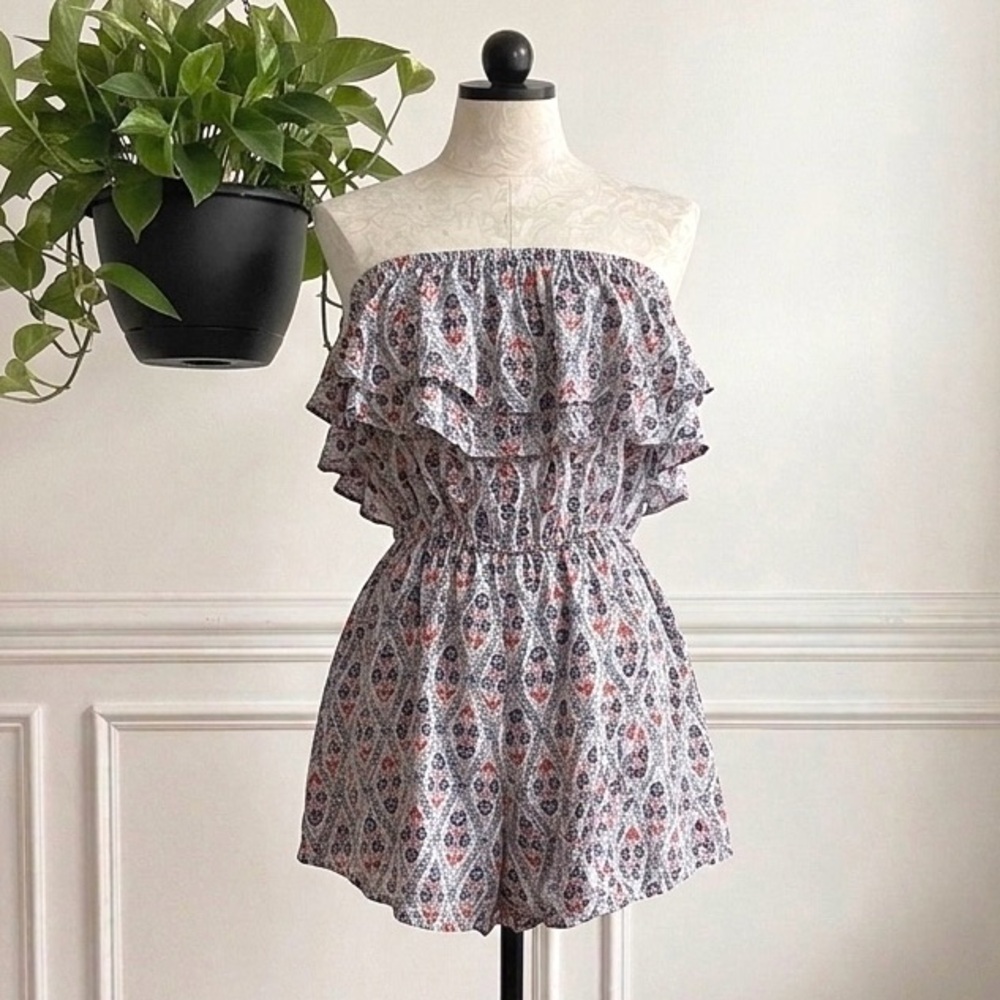 Strapless Floral Print Ruffle Romper - Picture 1 of 6